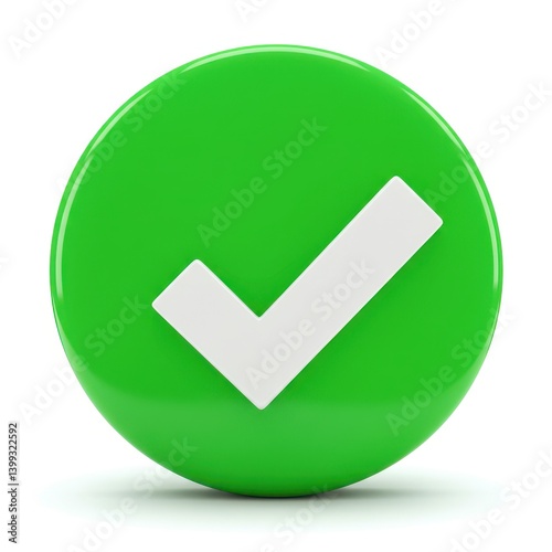 Free Download Green check mark icon on glossy circle button, white tick symbol for success and approval, 3d render of validation mark for web and interface design - GFXLoad