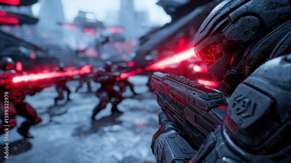 Obraz premium Intense Sci-Fi Battle Scene with Soldiers Using Laser Weapons in Futuristic Setting