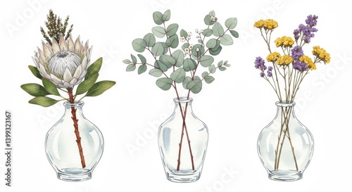 Floral Still Life: Protea, Eucalyptus, and Dried Flowers in Glass Vases, Watercolor Style. photo