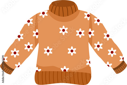 Autumnal Orange Turtleneck Sweater with Scattered White Flowers