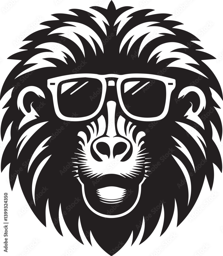 Obraz premium monkey head mascot, monkey head in sunglass silhouette vector, monkey head mascot vector illustration