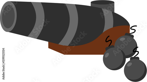 Striped Cannon with Attached Cannonballs, Cartoon Style Illustration