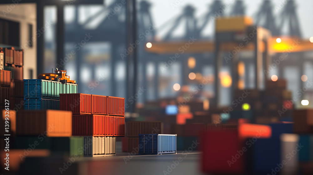 Close-up of stacked shipping containers at busy port symbolizing international trade tariffs.Global logistics, supply chain economics, and cross-border commerce concepts with industrial infrastructure