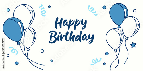 Happy birthday greeting vector design. Birthday greeting text with blue and white inflatable balloons for boys invitation card template. Vector illustration birth day card design. 
