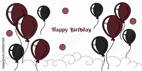 Happy birthday greeting vector design. Birthday greeting text with dark red and black  inflatable balloons for boys invitation card template. Vector illustration birth day card design. 
