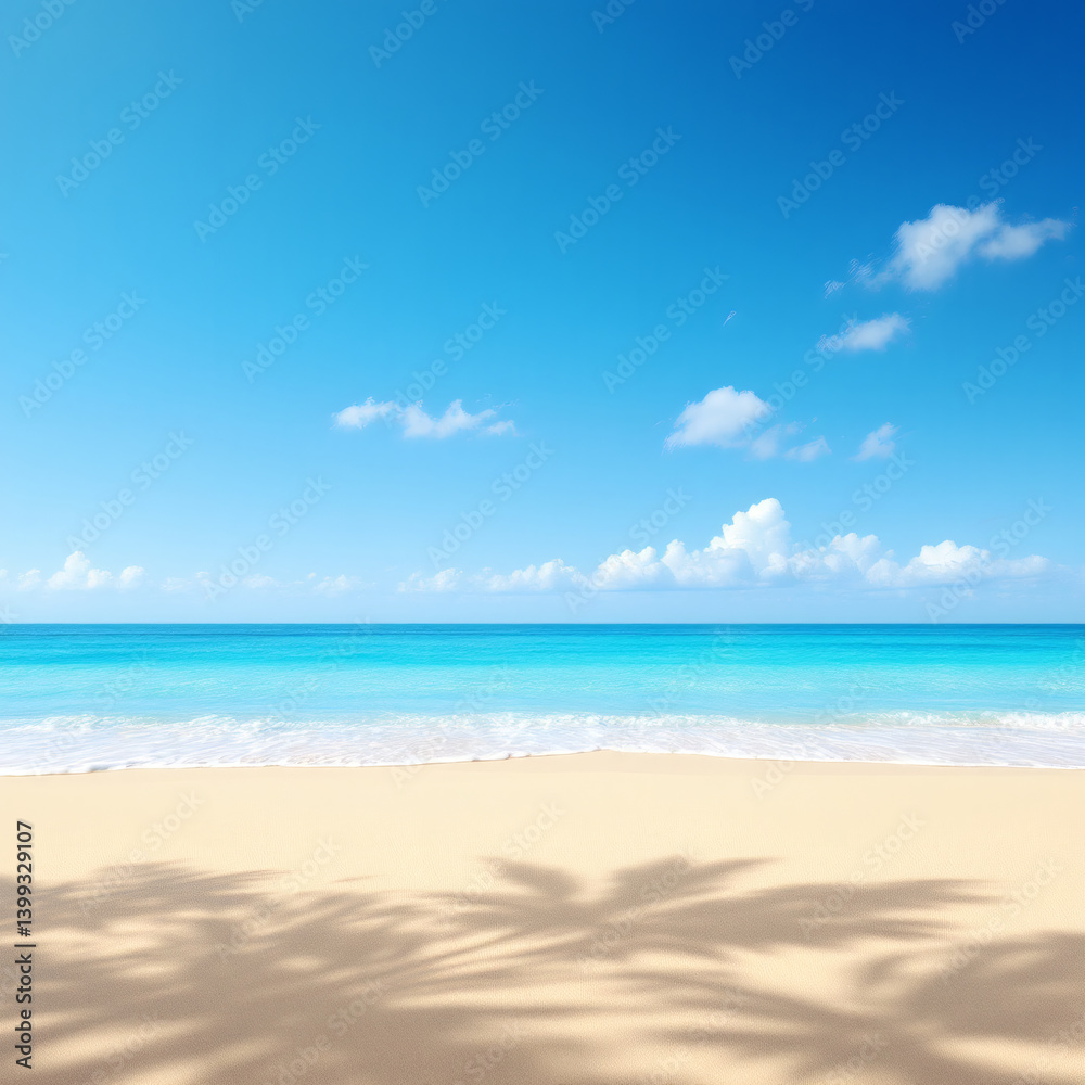 Obraz premium Stunning Empty Sandy Beach with Azure Sea and Small Waves, Summer Vacation, Tropical Paradise, Exotic Getaway, Relaxation, Coastal Bliss