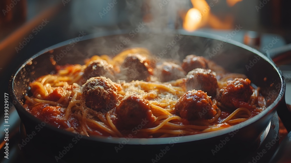 Fototapeta premium Spaghetti with meatballs in tomato sauce.