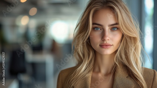 Confident and Attractive Blonde Female Model Posing for a Professional Beauty Portrait with Natural Makeup and Warm Lighting in a Studio Environment