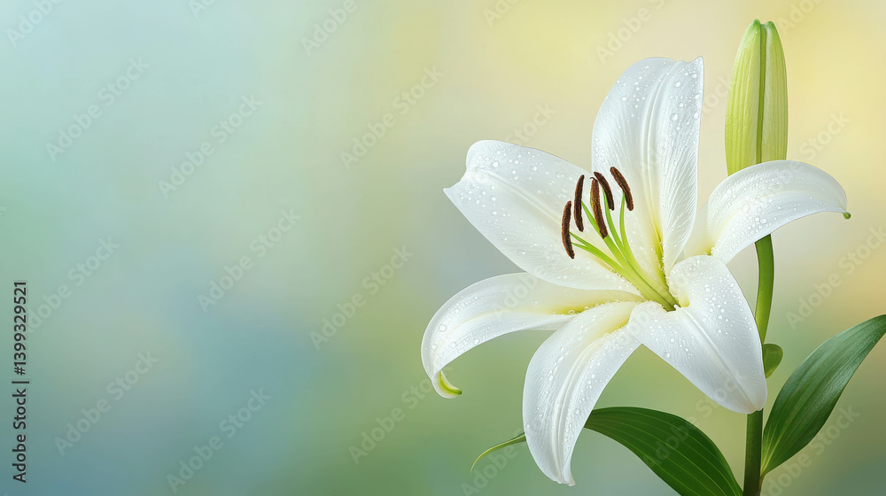 Fototapeta premium Elegant White Lily Bloom with Soft Green Background and Water Droplets on Petals