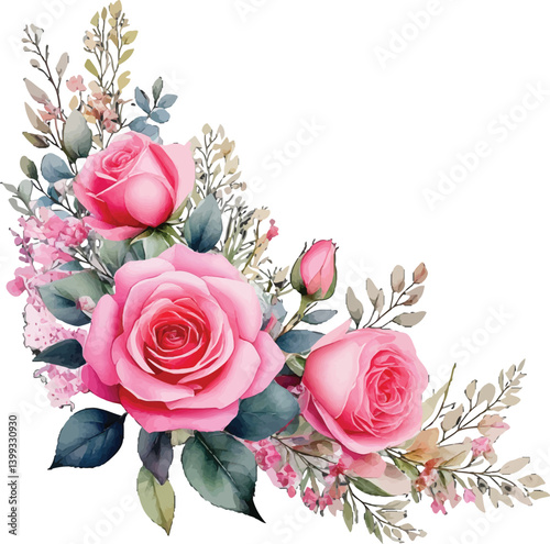 Romantic floral bouquet with soft pink roses and delicate filler flowers. Graceful pink roses with lush green leaves, ideal for wedding themes. Delicate rose petals with vibrant greenery, 