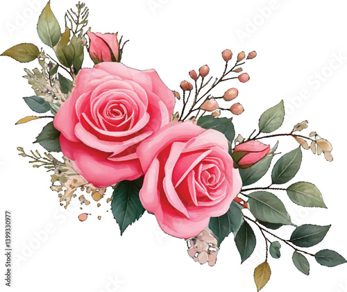 Elegant pink roses adorned with soft greenery, perfect for romantic designs. Charming floral arrangement featuring pink roses and delicate leafy accents. Watercolor pink roses with fresh greenery