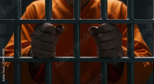 Orange Jumpsuit: Gripping Bars, Confinement, and Textured Hands.