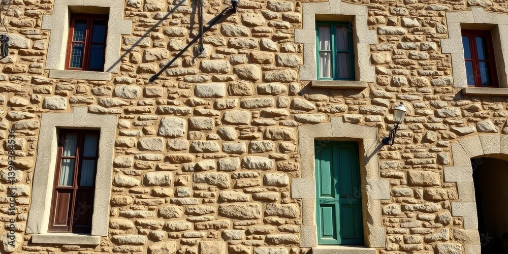 Weathered stone building facade, ample copy space, retro, aged Weathered stone building facade, ample copy space, retro, aged