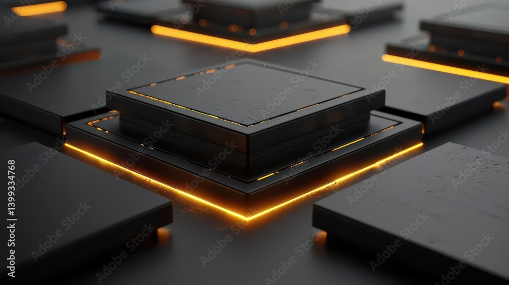 A close-up of sleek, modern microchips with glowing edges on a dark surface. A close-up of sleek, modern microchips with glowing edges on a dark surface.