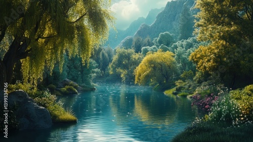 Serene river flows through lush green valley with mountains in background, sunlit tranquil scene.