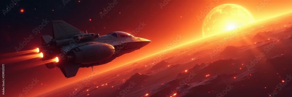 Spaceship ascends through fiery atmosphere towards solar surface , flight, rocket Spaceship ascends through fiery atmosphere towards solar surface , flight, rocket