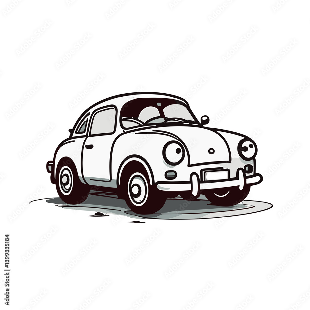 Naklejka premium Simple cartoon car illustration, black and white, transportation concept with copy space