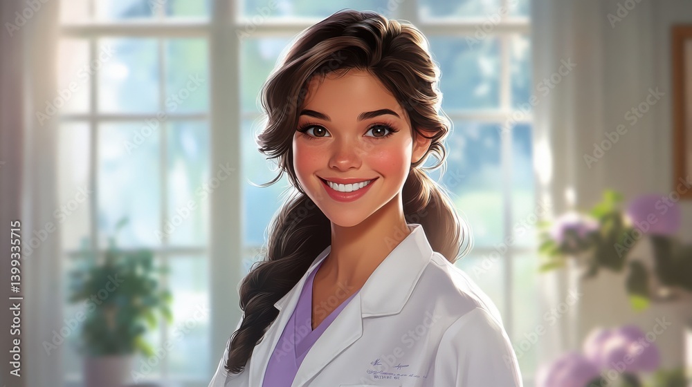 A cheerful health professional in a white coat smiles warmly, set against a bright, sunny background with plants and natural light. A cheerful health professional in a white coat smiles warmly, set against a bright, sunny background with plants and natural light.