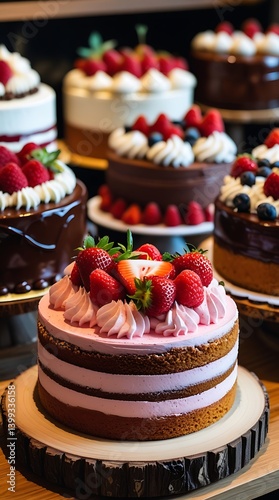 Wallpaper Mural Assorted gourmet cakes decorated with fresh strawberries, raspberries, and chocolate glaze on wooden trays in a pastry shop setting

 Torontodigital.ca