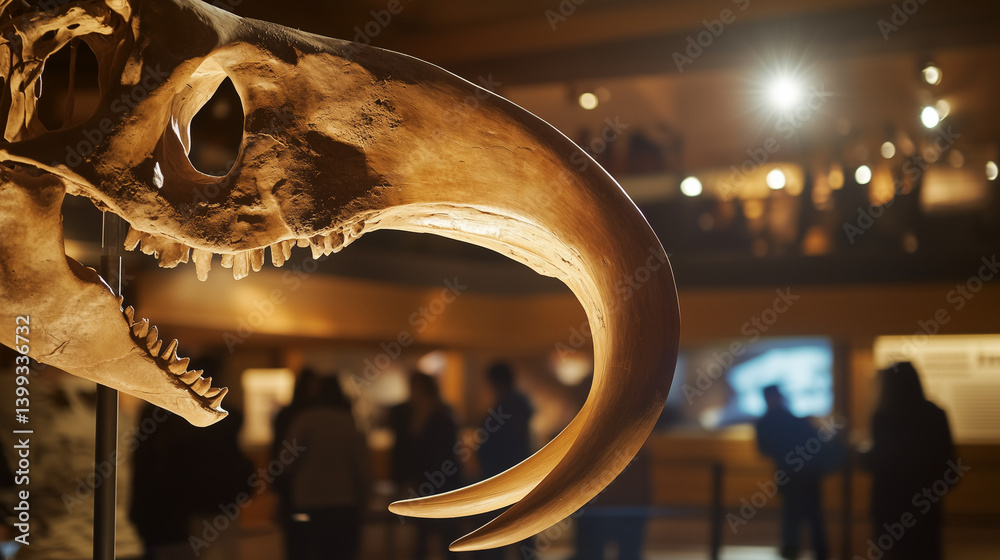 Gigantic mastodon fossil exhibited in natural history museum, prehistoric mammal skeleton on display for education and paleontology study, evolution and ancient wildlife concept.