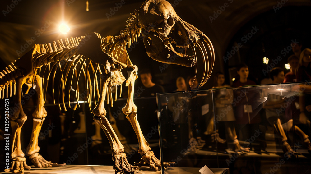Gigantic mastodon fossil exhibited in natural history museum, prehistoric mammal skeleton on display for education and paleontology study, evolution and ancient wildlife concept.