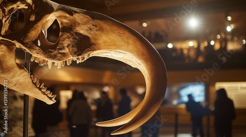 Obraz na płótnie Gigantic mastodon fossil exhibited in natural history museum, prehistoric mammal skeleton on display for education and paleontology study, evolution and ancient wildlife concept. w salonie