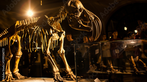 Obraz na płótnie Gigantic mastodon fossil exhibited in natural history museum, prehistoric mammal skeleton on display for education and paleontology study, evolution and ancient wildlife concept. w salonie