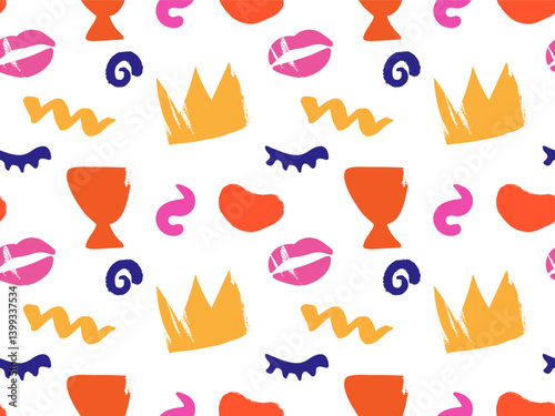 Playful abstract seamless pattern with crowns, lips, goblets, swirls, and scribbles in bold, vibrant colors. Ideal for kids’ products, apparel, posters, and branding.