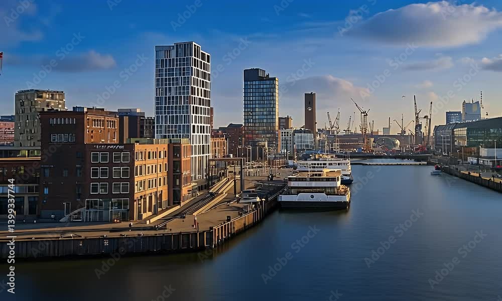 A waterside cityscape shines with towering buildings and pier, underneath a softly clouded sky A waterside cityscape shines with towering buildings and pier, underneath a softly clouded sky