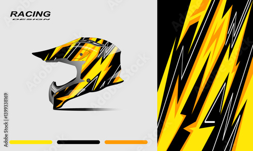 Racing helmet design featuring bold yellow and black lightning patterns, ideal for motorsport enthusiasts