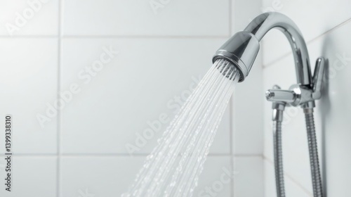 Close-up view of a chrome shower head spraying a stream of water against a white tiled background