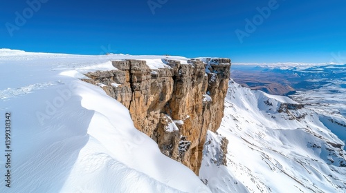 Majestic snowy mountain peak landscape in remote rugged wilderness  Towering rocky cliffs and ridges covered in pristine snow under a clear blue sky with dramatic clouds