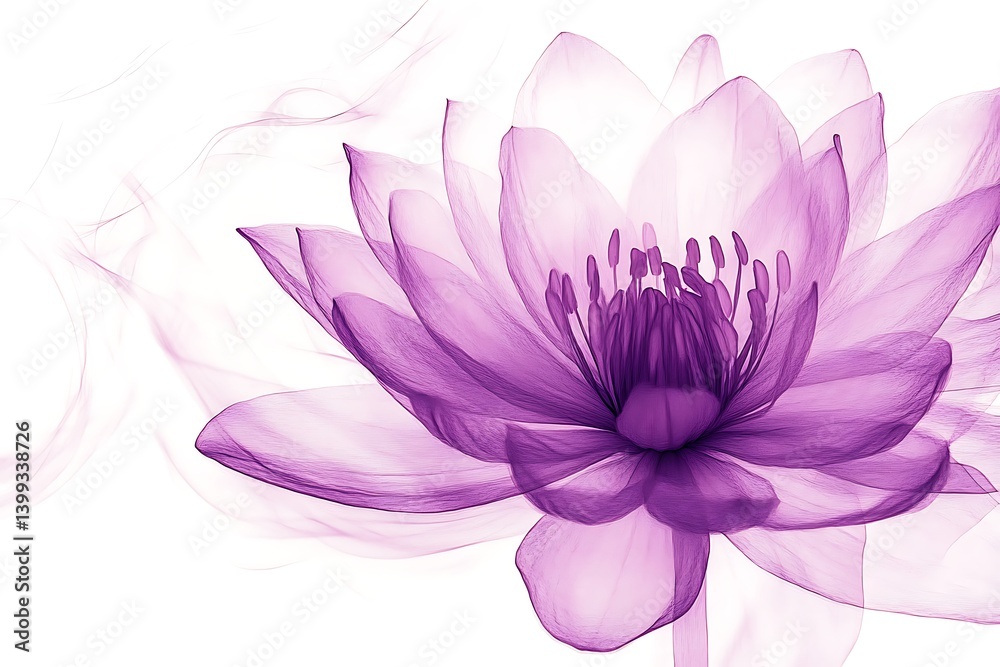 Fototapeta premium Translucent purple flower on a white background, symbolizing purity and used for wellness design