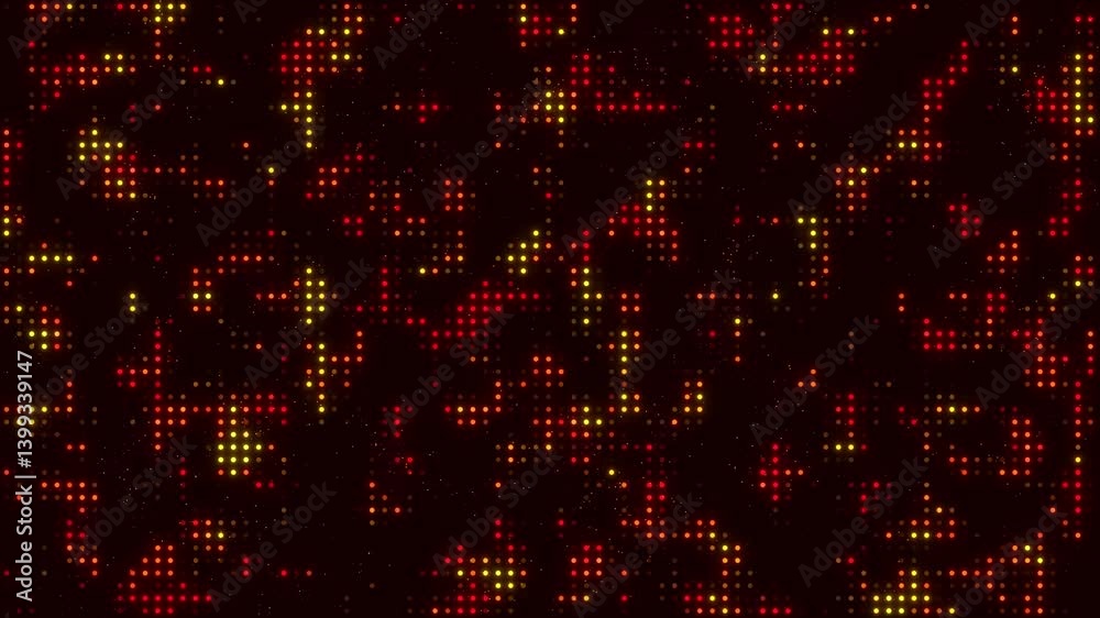 Neon red yellow dots patterns glowing dynamically across black video backdrop, generating kinetic abstract pattern with pulsing energy and modern digital animation design Neon red yellow dots patterns glowing dynamically across black video backdrop, generating kinetic abstract pattern with pulsing energy and modern digital animation design