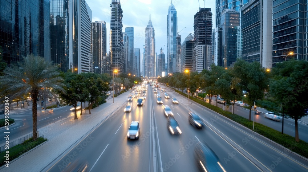 Breathtaking view of a vibrant and bustling metropolitan city skyline at twilight with towering modern skyscrapers illuminated highways and a dense network of roads and transportation
