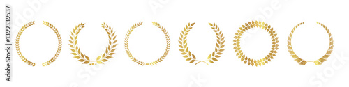 Gold laurel wreath, winner award set vector illustration. Golden branch of olive leaves or stars of victory symbol, insignia emblem decoration design, triumph honor champion prize isolated on white
