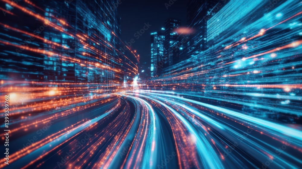 A vibrant cityscape with dynamic light trails, illustrating speed and technology in an urban environment at night. A vibrant cityscape with dynamic light trails, illustrating speed and technology in an urban environment at night.