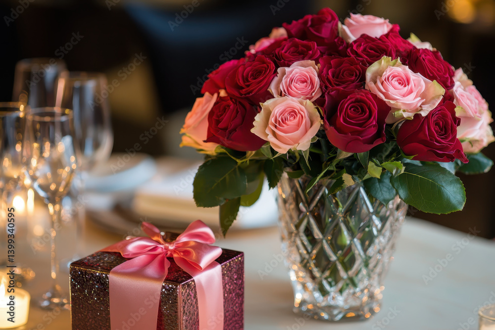 Obraz premium An arranged bouquet of red and pink roses in a crystal vase on a romantic dinner table with candlelight, gift box, and wine glasses, Concept of love, celebration, romance and special occasions.