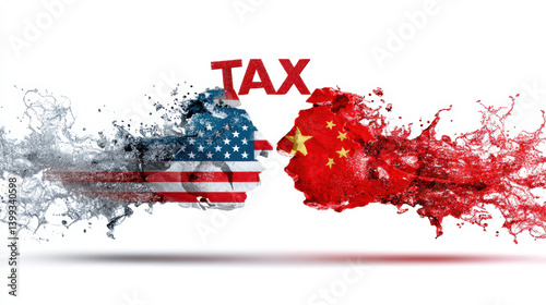 Obraz na płótnie Boxing gloves with America and China flag pattern clashing together with tax text symbolizing trade war and economic conflict
w salonie
