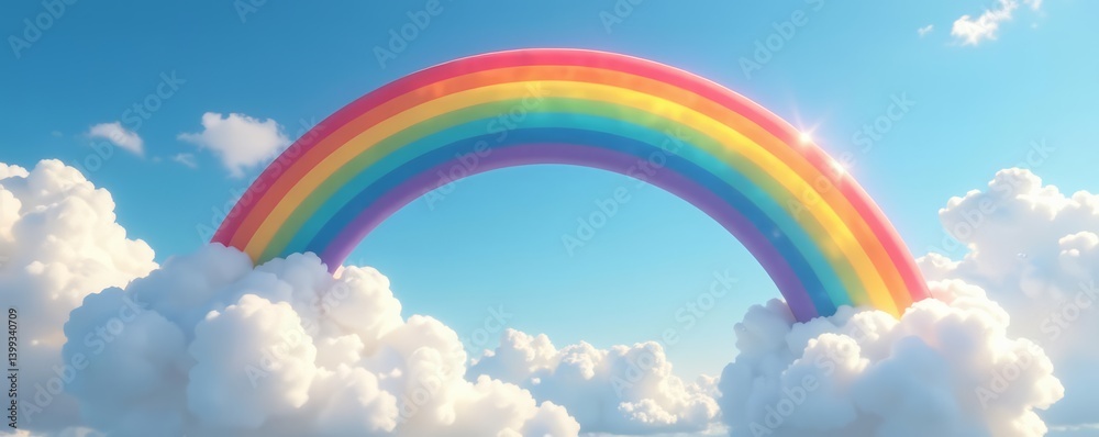 Whimsical rainbow arching over puffy white clouds, playful, graphic, joy Whimsical rainbow arching over puffy white clouds, playful, graphic, joy