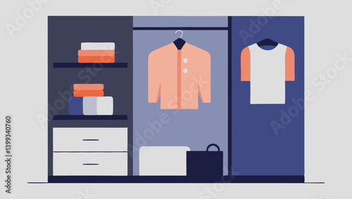 Minimalist Wardrobe A simple closet illustration with a few wellorganized minimalist clothing pieces in neutral colors emphasizing quality over a cluttered design.