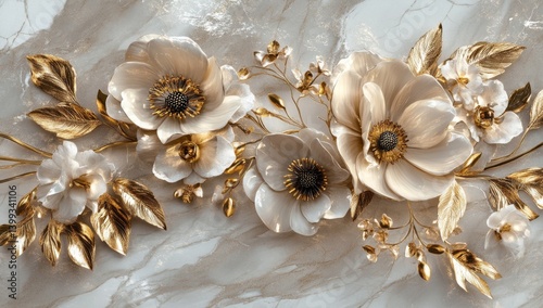 Fototapeta Naklejka Na Ścianę i Meble -  Elegant floral arrangement on marble.  Delicate cream-colored flowers with gold accents.  Sophisticated and luxurious design