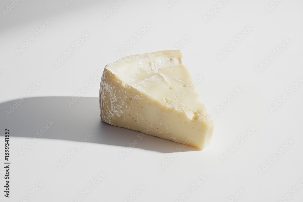 A single wedge of creamy cheese resting on a white surface A single wedge of creamy cheese resting on a white surface