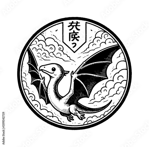 Pterodactyl Flying with Clouds in Circle Frame Black and White Engraving Style Drawing