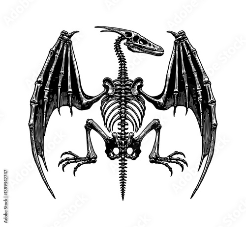 Pterodactyl Skeleton Fossil in Detailed Engraving Style for Paleontology Study and Science