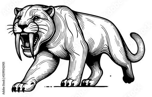 Saber-Toothed Tiger Walking Forward Aggressively with Open Mouth in Black and White Line Art