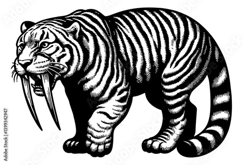 Illustration of Saber-Toothed Tiger Standing with Detailed Stripes and Long Fangs