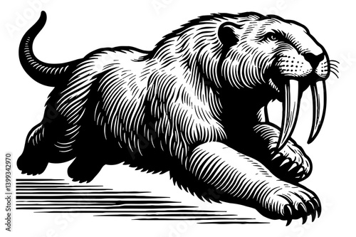 Saber-Toothed Cat in Hunting Mode with Detailed Line Art Engraving Illustration