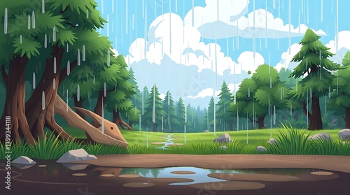 Cartoon background for game and animation. Green forest with blue sky and clouds. Landscape