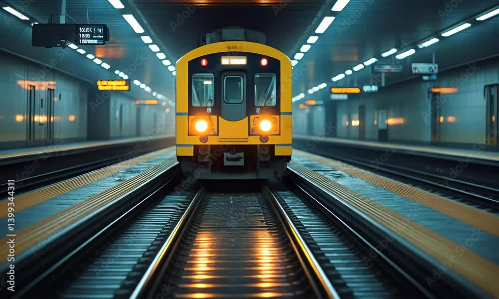 Illuminated train approaches station platform. Warm light reflected. Perspective shot. Blue tones dominate Illuminated train approaches station platform. Warm light reflected. Perspective shot. Blue tones dominate